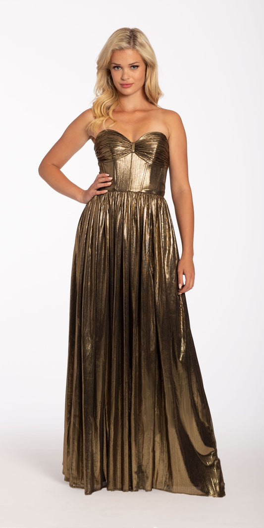 LF 7583 - Glitter Metallic Prom Gown with V-Neck Banded Waist Strappy –  Diggz Formals
